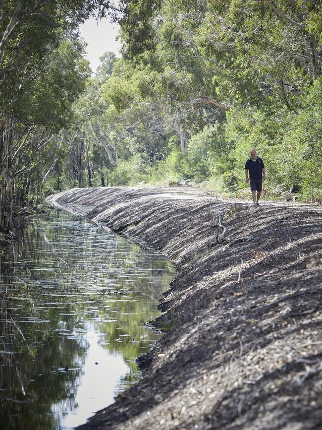 A contaminated water channel that backs onto Rob Roseworne’s property at Salt Ash, a few kilometres from the RAAF base in Williamtown. Picture: Nick Cubbin