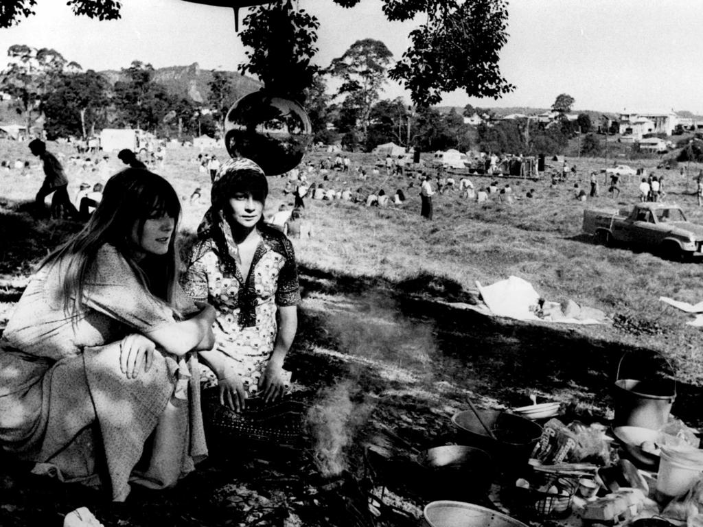 1973 : Visitors setting up camp under the trees at the Aquarius Festival at Nimbin in 1973. pic News Ltd NSW / Music / Concert