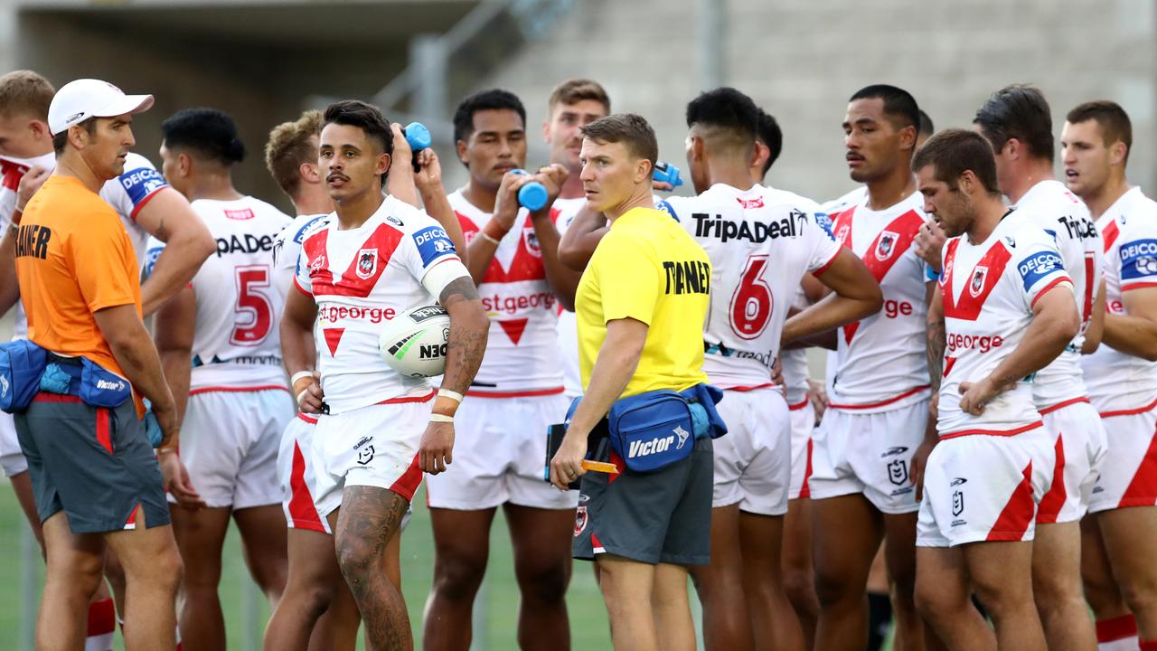 Dragons players look on after conceding a try during the NRL Trial Match between the Cronulla Sharks and the St George Illawarra Dragons at PointsBet Stadium. Picture: Brendon Thorne/Getty Images