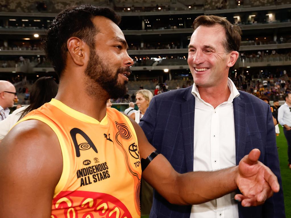 AFL chief executive Andrew Dillon thinks the commitment shown by the Indigenous All Stars could lead to a State of Origin return. Picture: Dylan Burns/AFL Photos via Getty Images