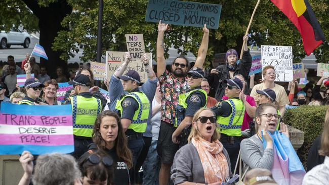 Anti-trans activists outside the Tasmanian Parliament as Equality Tasmania and LGBTQI+ supporters counter protest the Let Women Speak rally. Picture: Chris Kidd