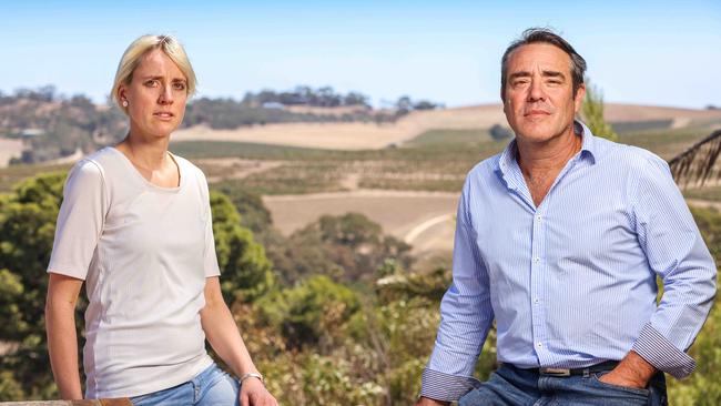 Eva Tscharke and James Lindners photographed next to the Seppeltsfield Mausoleum which has a view back to the proposed spot for the Oscar Hotel.Image/Russell Millard