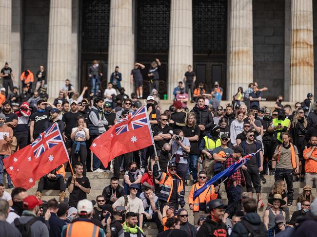 An angry mob converges on the Shrine of Remembrance. Picture: Jason Edwards