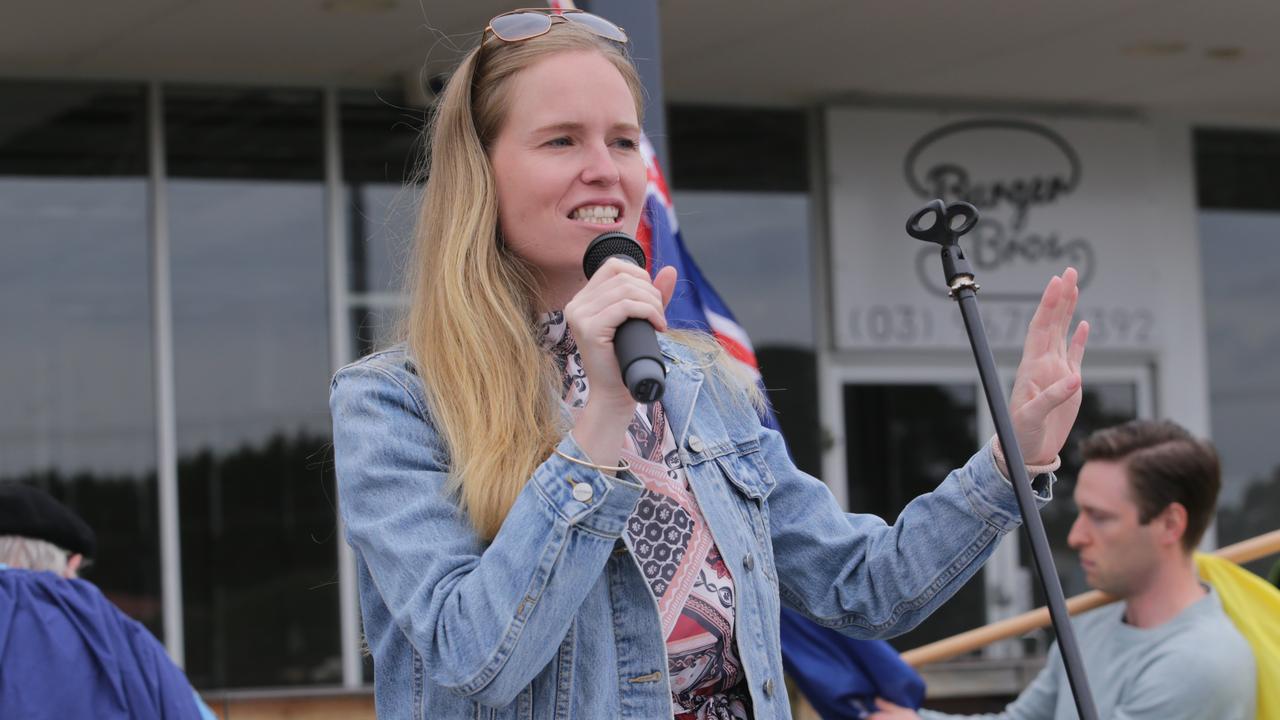 Anti-vaxxer Monica Smit speaks to followers outside Greg Hunt’s electoral office in Somerville. Picture: Wayne Taylor