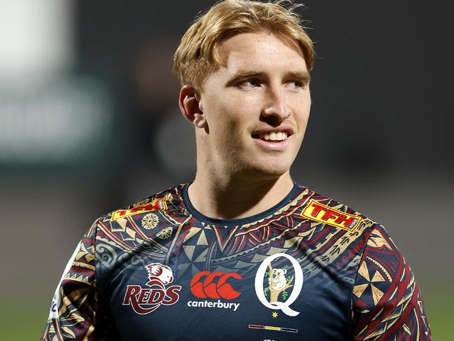 NEW PLYMOUTH, NEW ZEALAND - MAY 12: Tate McDermott of the Reds warms up during the round 12 Super Rugby Pacific match between Chiefs and Queensland Reds at Yarrow Stadium, on May 12, 2023, in New Plymouth, New Zealand. (Photo by Andy Jackson/Getty Images)