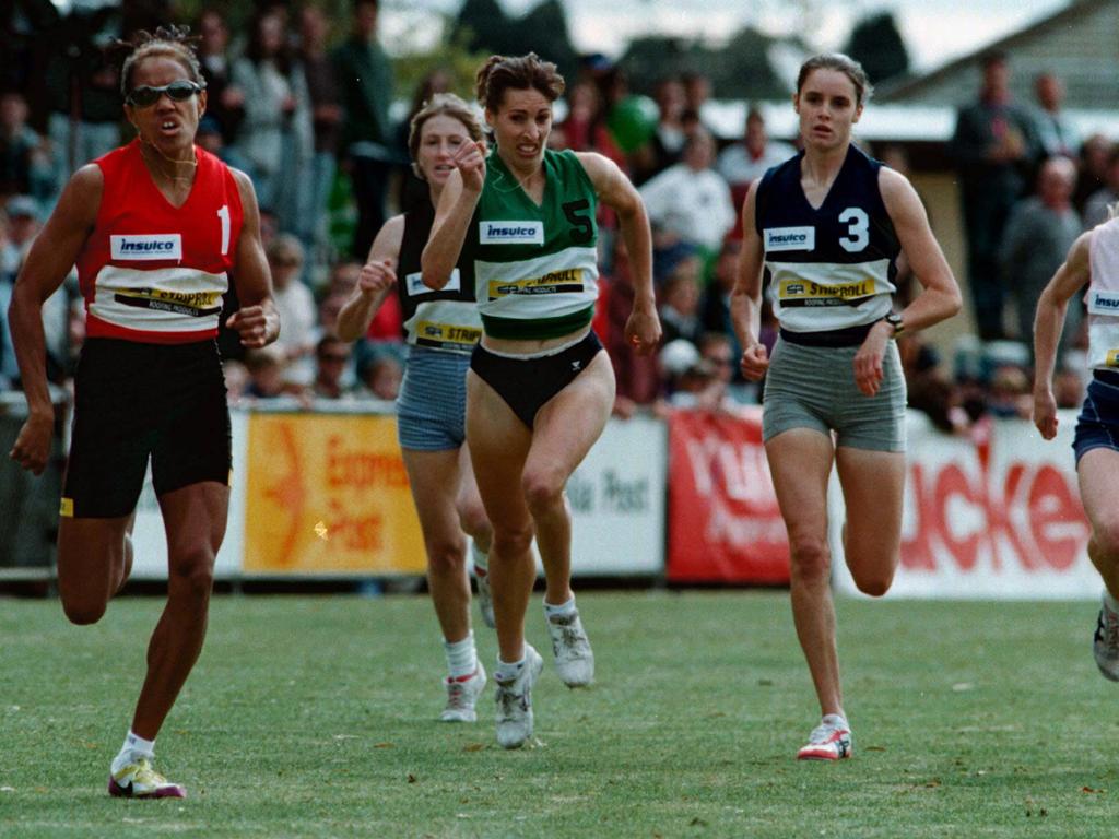 The one and only Cathy Freeman, far left, didn’t run the Gift but she did thrill the crowd chasing down victory in the 400m at the 1996 Stawell Gift Athletics Carnival. Picture: file image