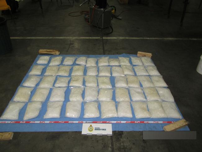 An Australian Federal Police-led multi-agency investigation has resulted in the arrest of three men and the seizure of 313 kilograms of crystal methamphetamine, marking the largest haul of the drug destined for South Australia. ABF officers intercepted a sea-cargo consignment containing two crane jibs, destined for Adelaide. Examination revealed 313 clip seal bags containing a white crystalline substance concealed inside the metal base attached to one of the jib arms