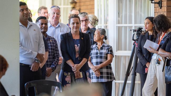 Minister Jinson Charls and Chief Minister Lia Finocchiaro attended the funeral service for Nightcliff Friendly Grocer owner Linford Feick on Wednesday, May 7 at Resthaven Chapel. Picture: Pema Tamang Pakhrin