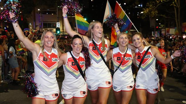 Sydney Swans AFLW players (l to r) Lisa Steane, Brooke Lochland, Bella Smith, Maddy Collier, and Alana Woodward. Picture: Getty Images