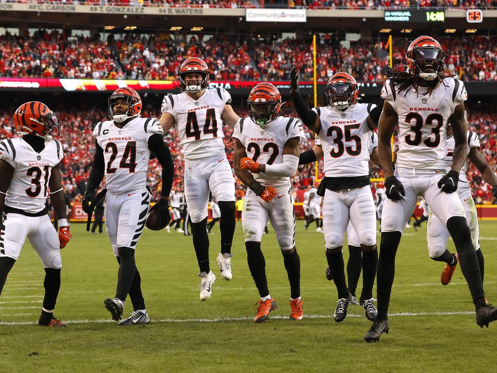 defensive tackle D.J. Reader Cincinnati Bengals defence celebrate after safety Vonn Bell intercepted the Kansas City Chiefs in overtime of the AFC Championship Game. Picture: David Eulitt/Getty Images