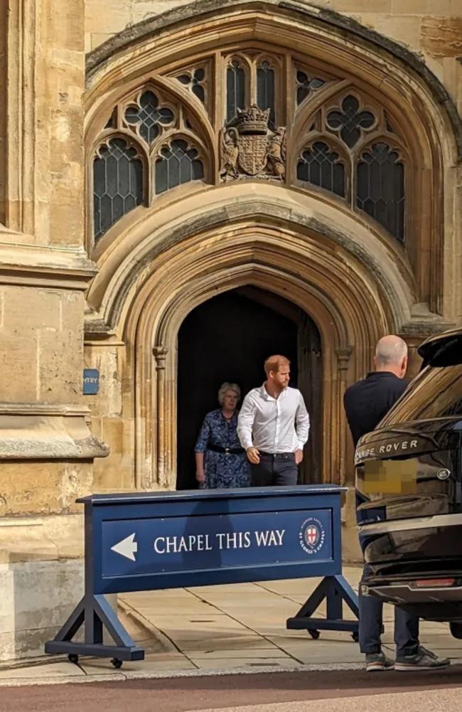 Harry was spotted leaving St George's Chapel on the anniversary of the Queen’s death. Picture: amygiles0188/Twitter