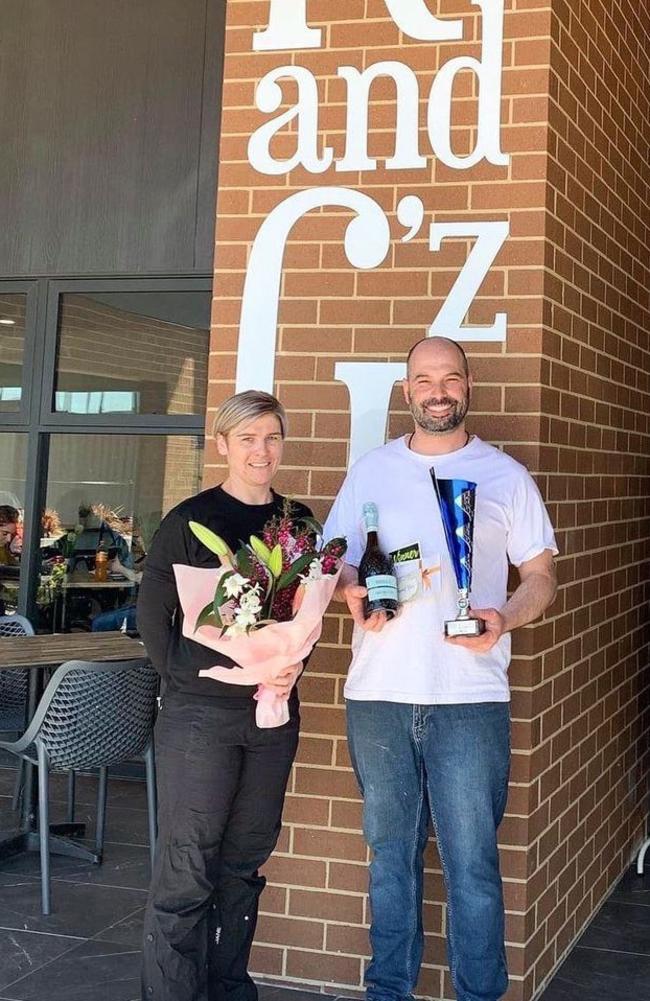 Owners of K and G'z, Kylie and George Fatouros, taking home the best restaurant / cafe award in the Goulburn Chamber of Commerce awards. Picture: K and G'z Instagram