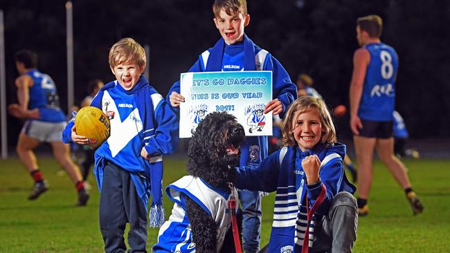 Brothers Xavier, 6, Elijah, 9, and Noah, 11, with groodle Zoe, who dressed up for Thursday night grand final selection. Picture: Tom Huntley