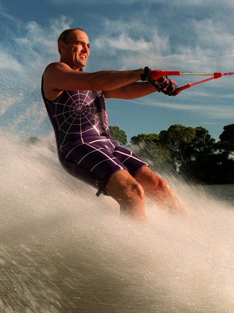 Premier John Olsen barefoot skiing at Murray Bridge in 1997. Picture: Leon Mead