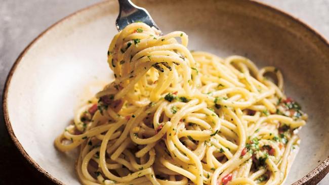 Andreas Papadakis’s olive oil, garlic and cheese spaghetti.