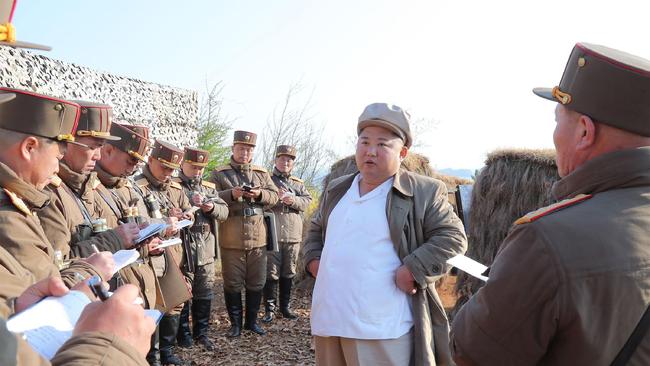 Kim Jong-un during a mortar drill inspection. Picture: KCNA via AFP