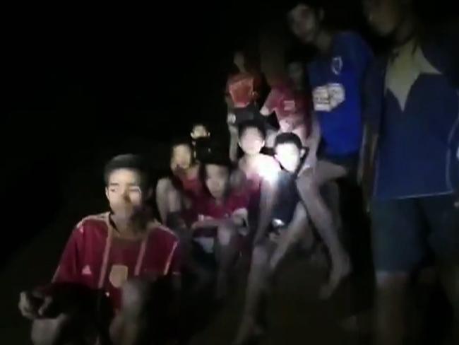 A still from video shot in the cave showing the boys prior to their rescue. Picture: AFP / Royal Thai Navy