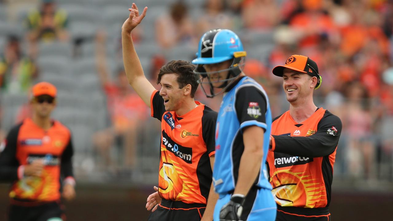 Jhye Richardson of the Scorchers celebrates the wicket of Matt Short of the Strikers at Optus Stadium. Picture: Paul Kane/Getty Images