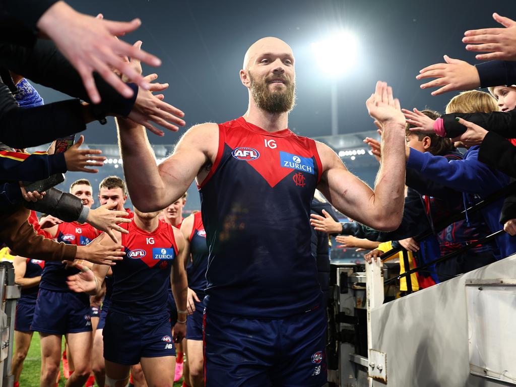 Max Gawn leads the Demons off the ground after the win over Geelong. Picture: Quinn Rooney/Getty Images