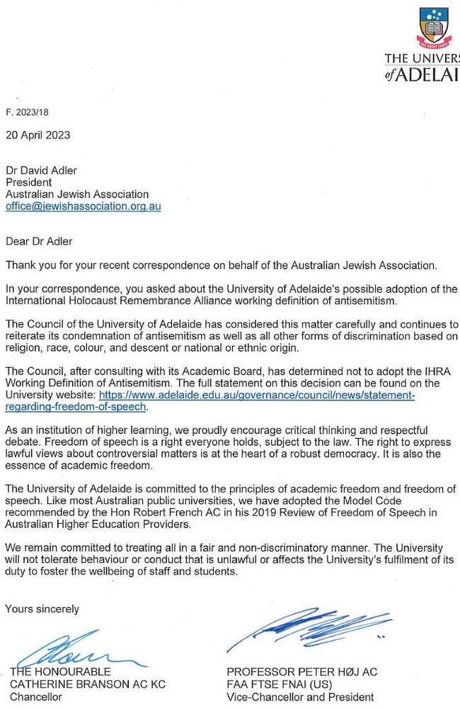 The University of Adelaide responded to a request from the Australian Jewish Association to adopt the IHRA working definition of anti-Semitism. Picture: Supplied