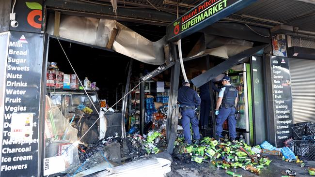 An ute rammed into a shop front in Sydney’s southwest. Picture: NewsWire / Damian Shaw