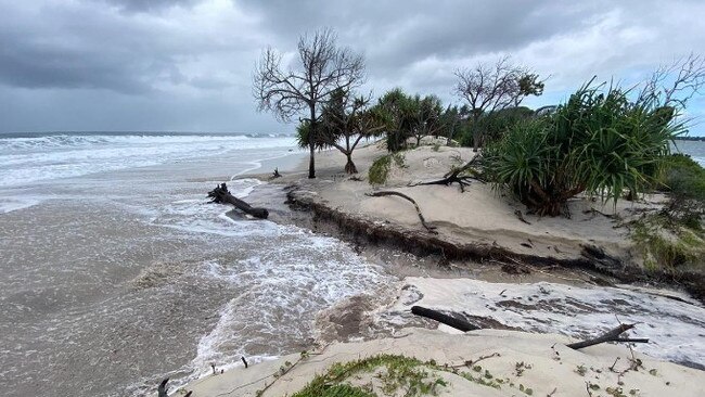 A king tide and huge swells combined to break through part of Bribie Island in January,2022.