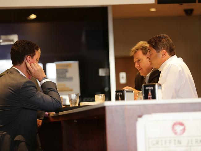 Club chairmen at the Olympic Hotel after storming out of the meeting at League Central. Picture: Brett Costello