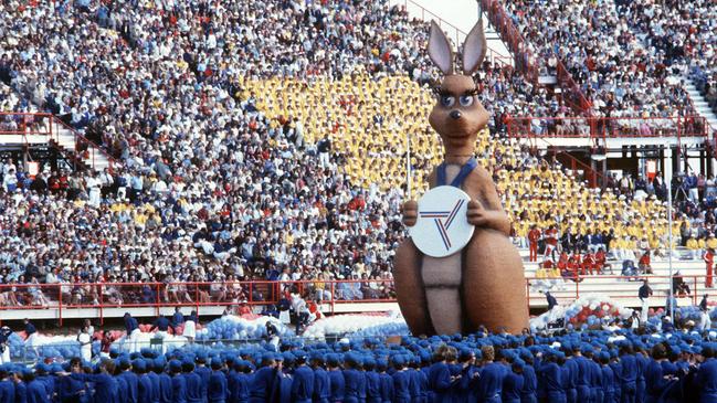 Mascot Matilda the Kangaroo glides around the track at the opening ceremony.