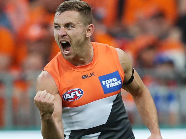 Giants Devon Smith celebrates after kicking a goal during AFL Preliminary Final match GWS Giants v Western Bulldogs at Spotless Stadium. Picture. Phil Hillyard