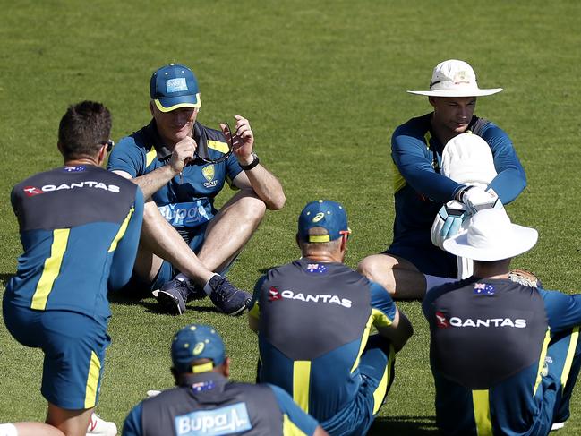 Team mentor Steve Waugh (second left) speaks to the Australian batsmen during a training session. Picture: Getty Images