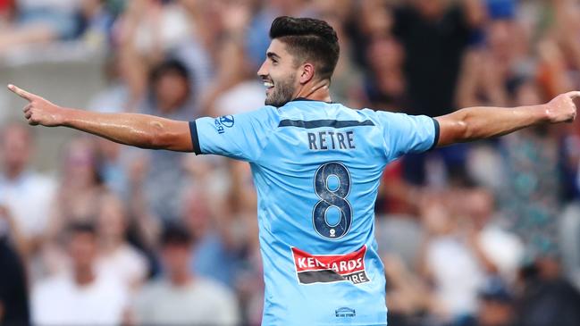 Paulo Retre of Sydney celebrates scoring a goal during the Round 13 A-League match between Sydney FC and Adelaide United at Netstrata Jubilee Stadium in Sydney, Tuesday, January 1, 2019. (AAP Image/Brendon Thorne) NO ARCHIVING, EDITORIAL USE ONLY