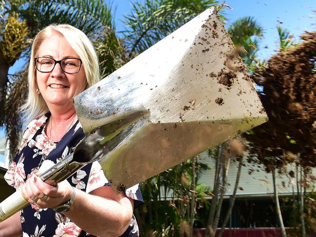 Minister for Communities Coralee O'Rourke turns the first sod to mark commencement of the early works on site of The Oasis Townsville. Picture: Shae Beplate.