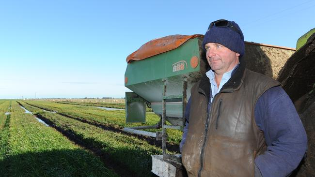 Tim Whitehead on his sodden property near Hawkesdale in the Western Districts. Picture: Judy de Man