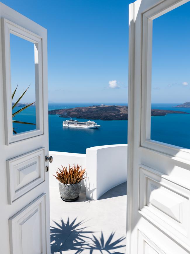 Sailing into Santorini is spectacular.