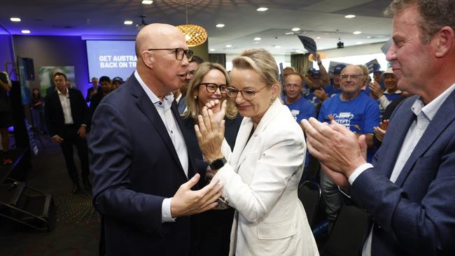 Peter Dutton with Sussan Ley and Dan Tehan in Melton for a pre-election rally. Picture: Richard Dobson
