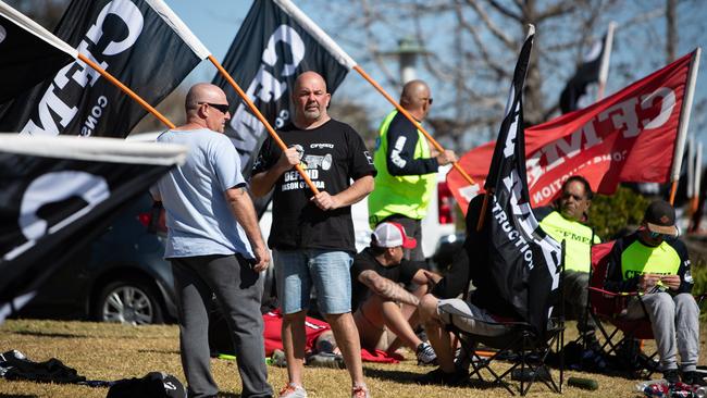 Outraged workers outside a cleaning firm in Norwest. Picture: Julian Andrews