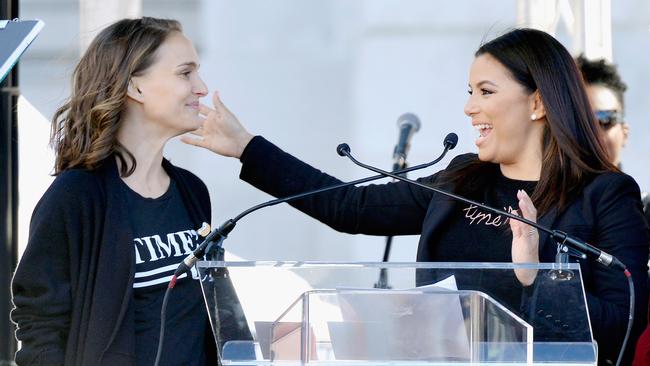 Natalie Portman and Longoria speak during the Women's March in LA in 2018. (Picture: Chelsea Guglielmino/Getty Images)