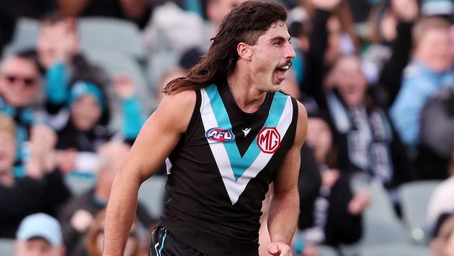 ADELAIDE, AUSTRALIA - JUNE 26: Lachie Jones of the Power celebrates a goal during the 2022 AFL Round 15 match between the Port Adelaide Power and the Gold Coast Suns at the Adelaide Oval on June 26, 2022 in Adelaide, Australia. (Photo by Sarah Reed/AFL Photos via Getty Images)