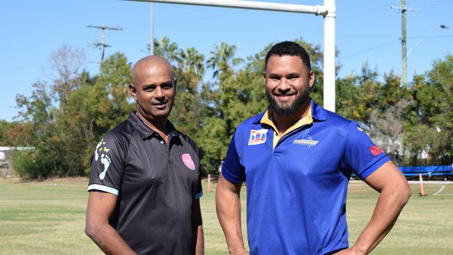 Anti-domestic violence campaigner Michael Jeh and Director of Rugby at Townsville and District Rugby Union Daniel Withers. Picture: Nikita McGuire