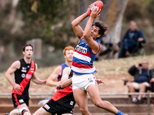 Troy Menzel is seen making a mark during the SANFL Central District versus West Adelaide match at Elizabeth Oval on Saturday April 13, 2019. (AAP Image/ Morgan Sette)