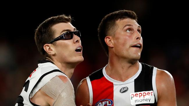 Mason Cox of the Magpies and Rowan Marshall of the Saints. Photo by Dylan Burns/AFL Photos via Getty Images