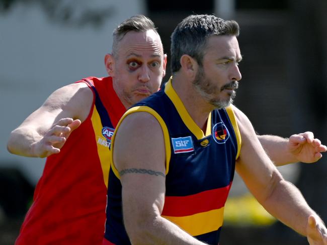 September 29, 2022: AFL Masters National Carnival at Barrett Reserve, West Beach - SA v Barbarians over 50s division 2. Picture: Naomi Jellicoe