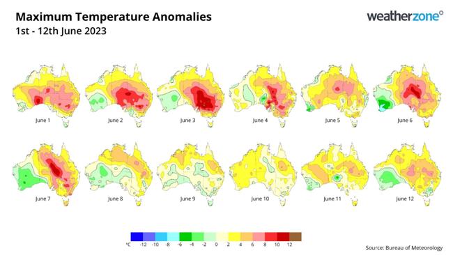 Red and orange areas show where daily maximum temperatures have been above the long-term average. Picture: Weatherzone.