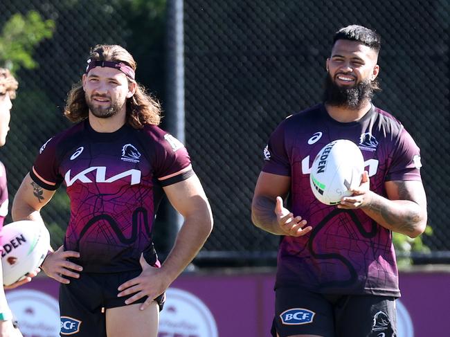 Patrick Carrigan and Payne Haas, Brisbane Broncos training, Red Hill. Picture: Liam Kidston