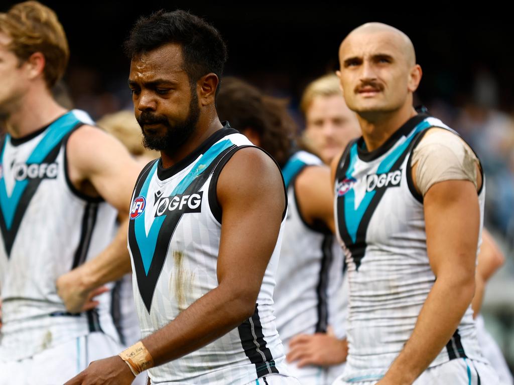 Adelaide, Australia. 03rd June, 2023. Junior Rioli of the Power snaps a  goal during the AFL Round 12 match between the Port Adelaide Power and the  Hawthorn Hawks at the Adelaide Oval