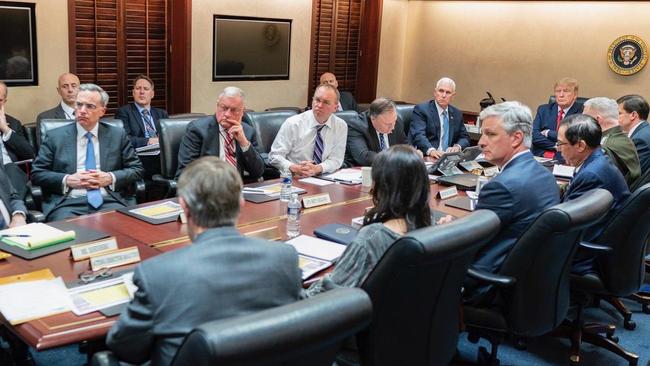 Donald Trump meets his security advisers in the Situation Room after Iran’s retaliation. Picture: The White House