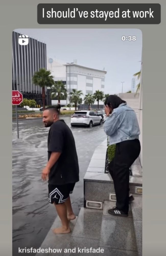 Aussie Netflix star Kris Fade, from the hit series Dubai Bling, shared wild footage of the floods after leaving his radio station in Dubai. Picture: Instagram/krisfade