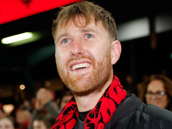 MELBOURNE, AUSTRALIA - AUG 16: Essendon retiree Dyson Heppell is seen during the 2024 AFL Round 23 match between Essendon Bombers and the Sydney Swans at Marvel Stadium on August 16, 2024 in Melbourne, Australia. (Photo by Dylan Burns/AFL Photos via Getty Images)