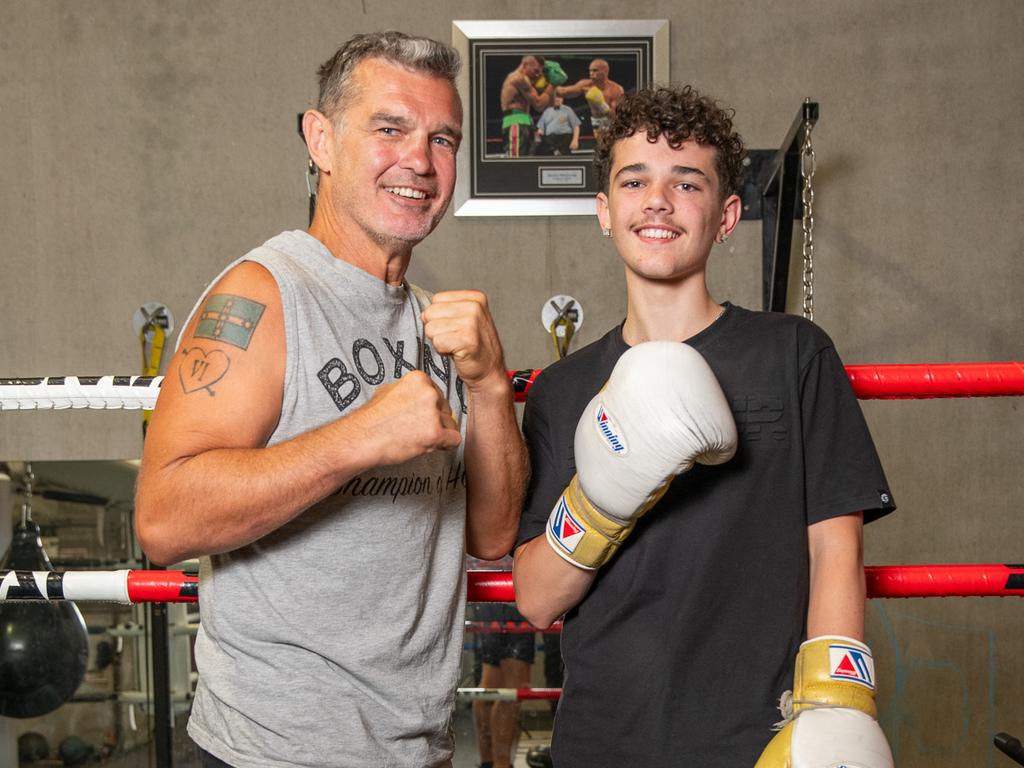 15 year old boxer Benji Birchell (R) pictured with father and trainer David Birchell. Picture: Thomas Lisson