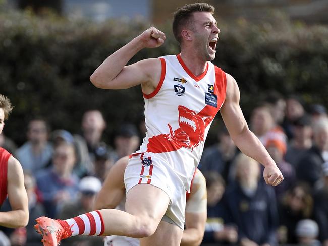 Sorrento captain James Hallahan celebrates a goal during last season’s MPNFL Divison 1 grand final. Picture: Andy Brownbill